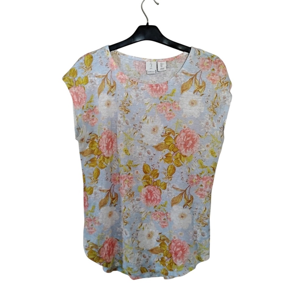 Joie 100% Linen Floral Print Cap Sleeve Top Blue Pink Yellow Large